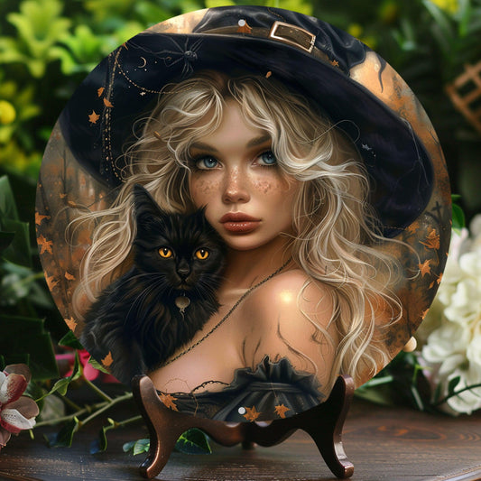 Black Cat And Charming Witch Metal Sign Witchy Home Decor