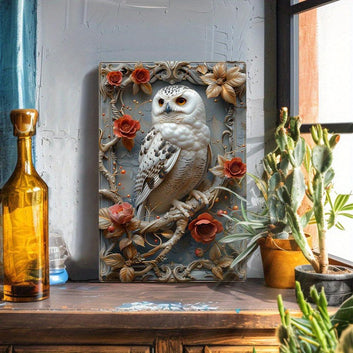 Floral Owl Wall Art Plaque White Owl Metal Sign Spirit Animal Home Decor