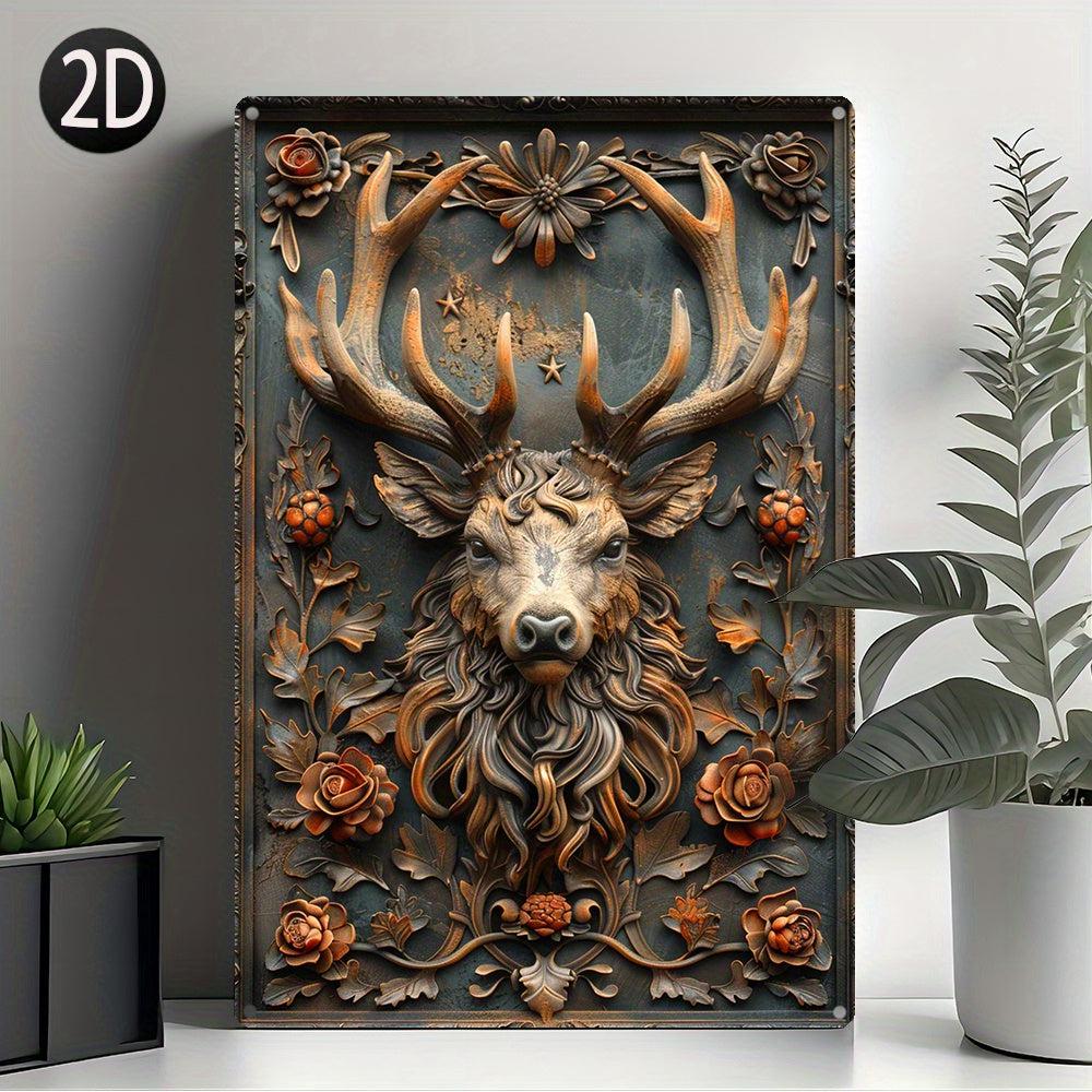 Deer with Antlers and Floral Accents Metal Sign Deer Wall Art-MoonChildWorld