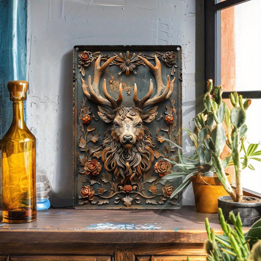 Deer with Antlers and Floral Accents Metal Sign Deer Wall Art-MoonChildWorld