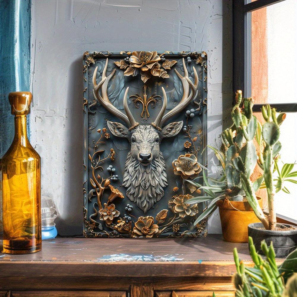 Deer with Antlers and Floral Accents Metal Sign Deer Wall Art-MoonChildWorld