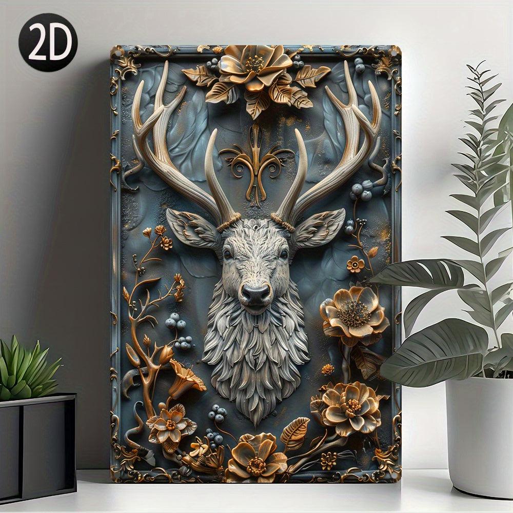 Deer with Antlers and Floral Accents Metal Sign Deer Wall Art-MoonChildWorld