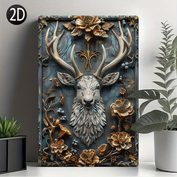 Deer with Antlers and Floral Accents Metal Sign Deer Wall Art-MoonChildWorld