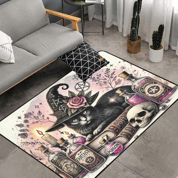 Gothic Black Cat Wiccan Area Rug Witchy Cat Witchcraft Carpet for Halloween-MoonChildWorld