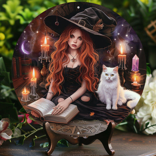 Charming Witch Magic Cat Metal Sign Halloween Decor