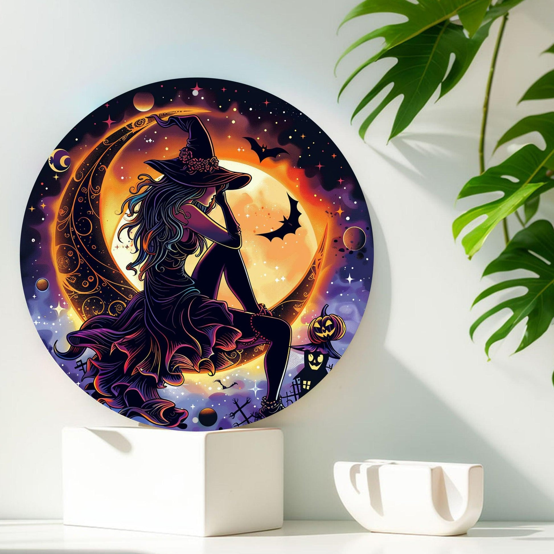 Charming Witch On The Moon Metal Sign Witch Halloween Sign-MoonChildWorld