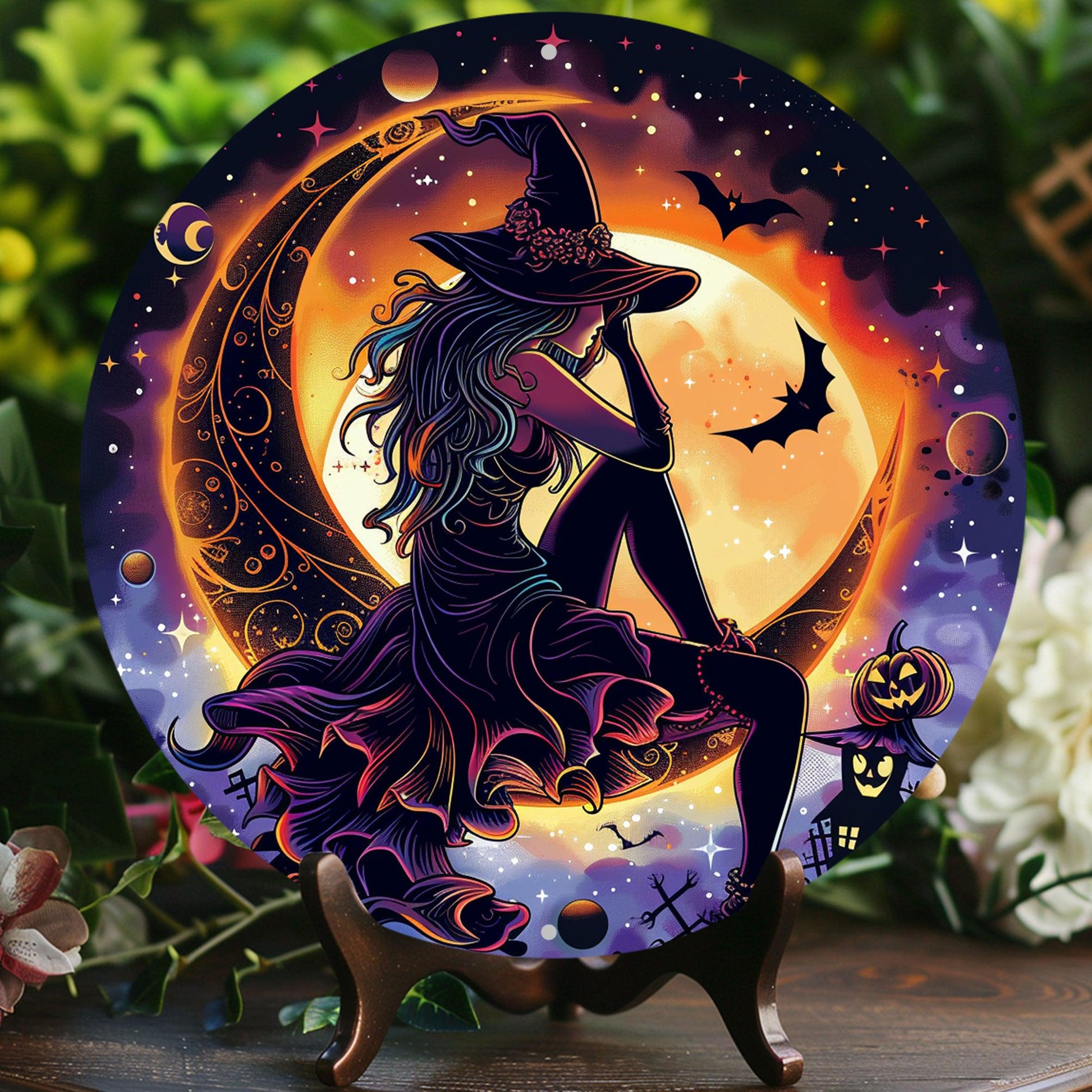 Charming Witch On The Moon Metal Sign Witch Halloween Sign-MoonChildWorld