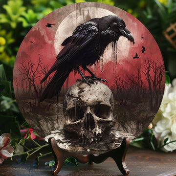 Gothic Crow Skull Metal Sign Black Raven Metal Sign Halloween Decor-MoonChildWorld