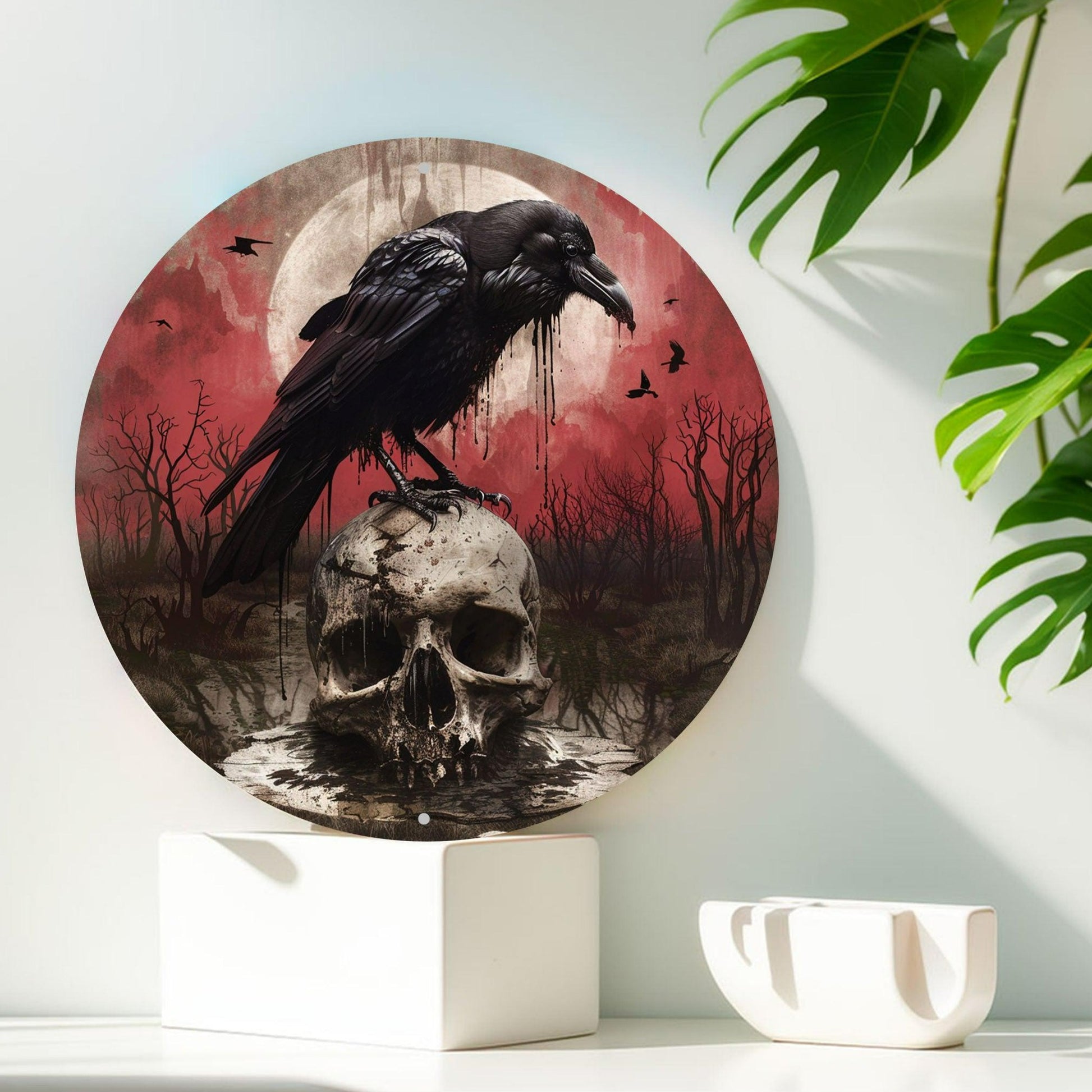 Gothic Crow Skull Metal Sign Black Raven Metal Sign Halloween Decor-MoonChildWorld