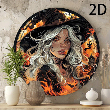 Vintage Witch Wall Sign Witch & Flames Decorative Metal Plaque for Halloween