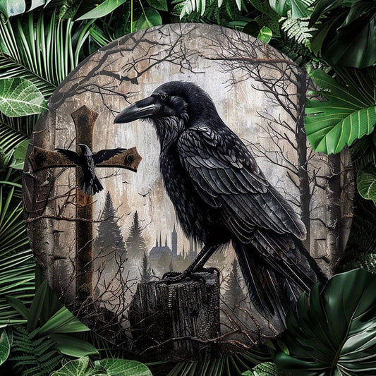 Crow and Cross Metal Sign Witchy Raven Metal Sign Gothic Home Decor