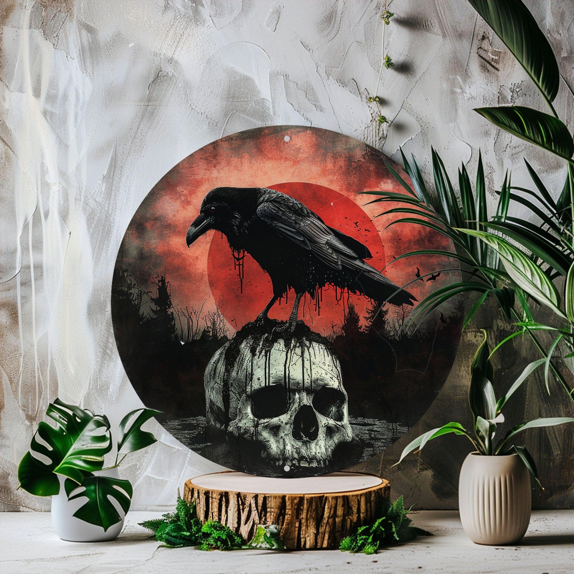 Gothic Skull Crow Wall Sign Black Raven Goth Metal Sign Halloween Decor-MoonChildWorld