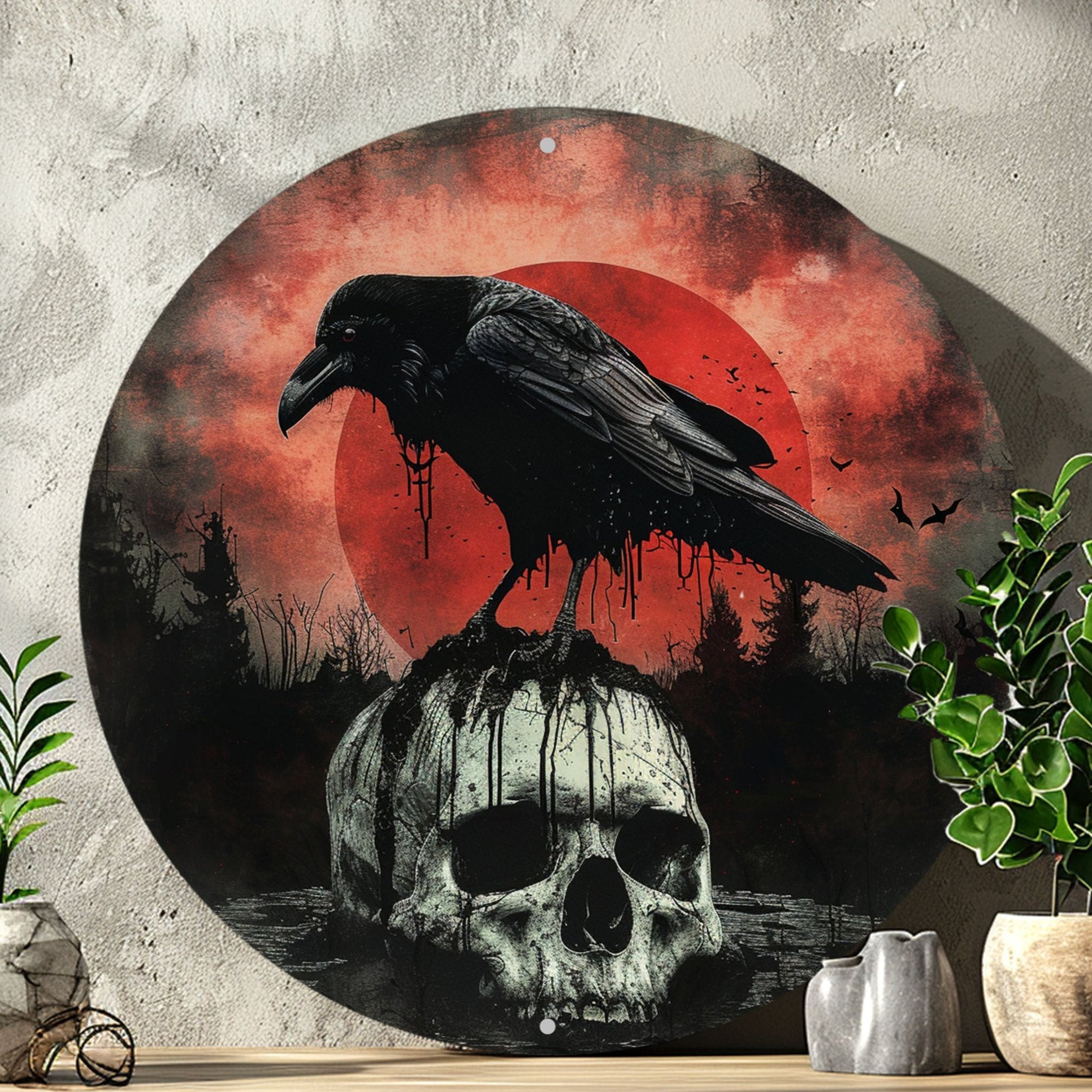 Gothic Skull Crow Wall Sign Black Raven Goth Metal Sign Halloween Decor-MoonChildWorld