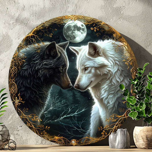 Moon Wolf Metal Sign Black and White Wolves Wall Sign