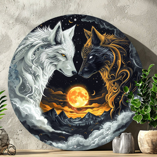 Moon Wolf Metal Sign Black and White Wolves Wall Sign