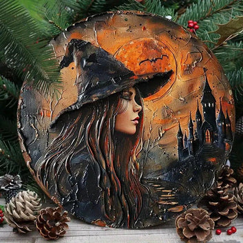 Dark Witch Metal Sign for Halloween Decor Gothic Moon Castle Metal Sign