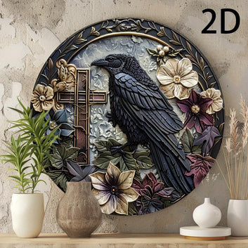 Crow and Cross Metal Sign Witchy Raven Metal Sign Gothic Home Decor