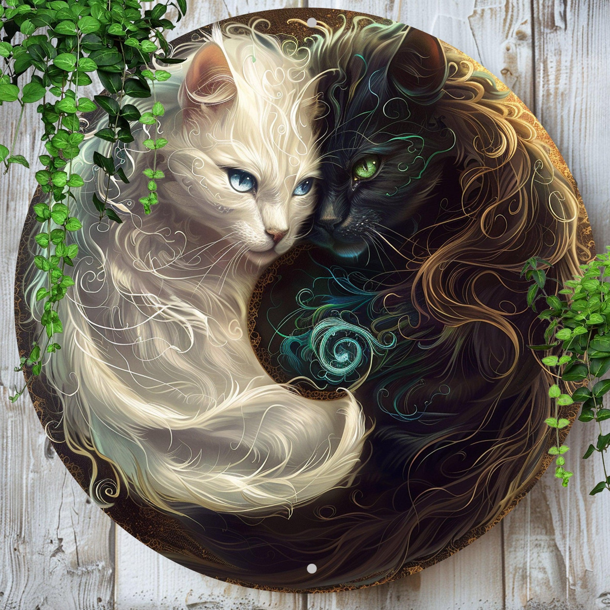 Black & White Cat Metal Sign Yin Yang Cat Wall Sign Feng Shui Home Decor-MoonChildWorld