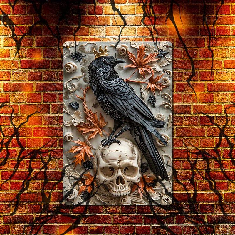 Skull & Crow Wall Art Gothic Raven Metal Sign for Halloween Decor-MoonChildWorld