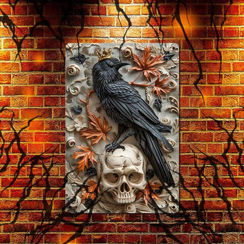 Skull & Crow Wall Art Gothic Raven Metal Sign for Halloween Decor