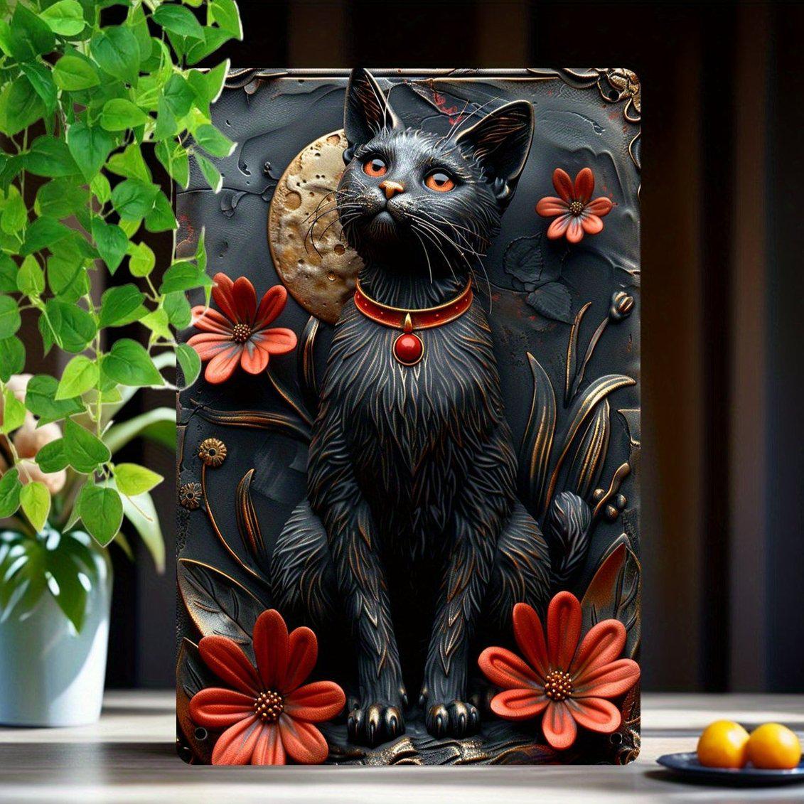 Charming Black Cat Metal Tin Sign Occult Cat Wall Art-MoonChildWorld