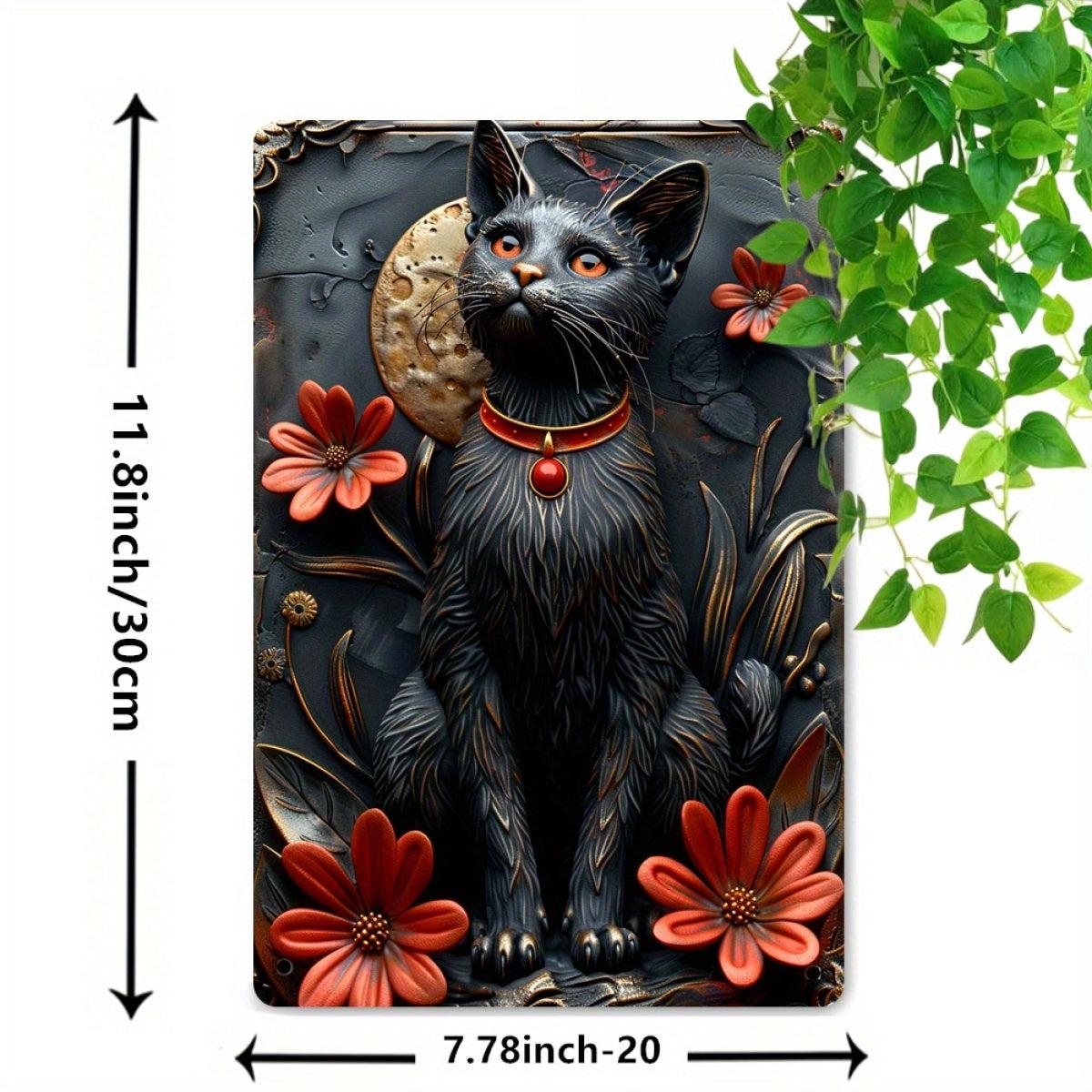 Charming Black Cat Metal Tin Sign Occult Cat Wall Art-MoonChildWorld