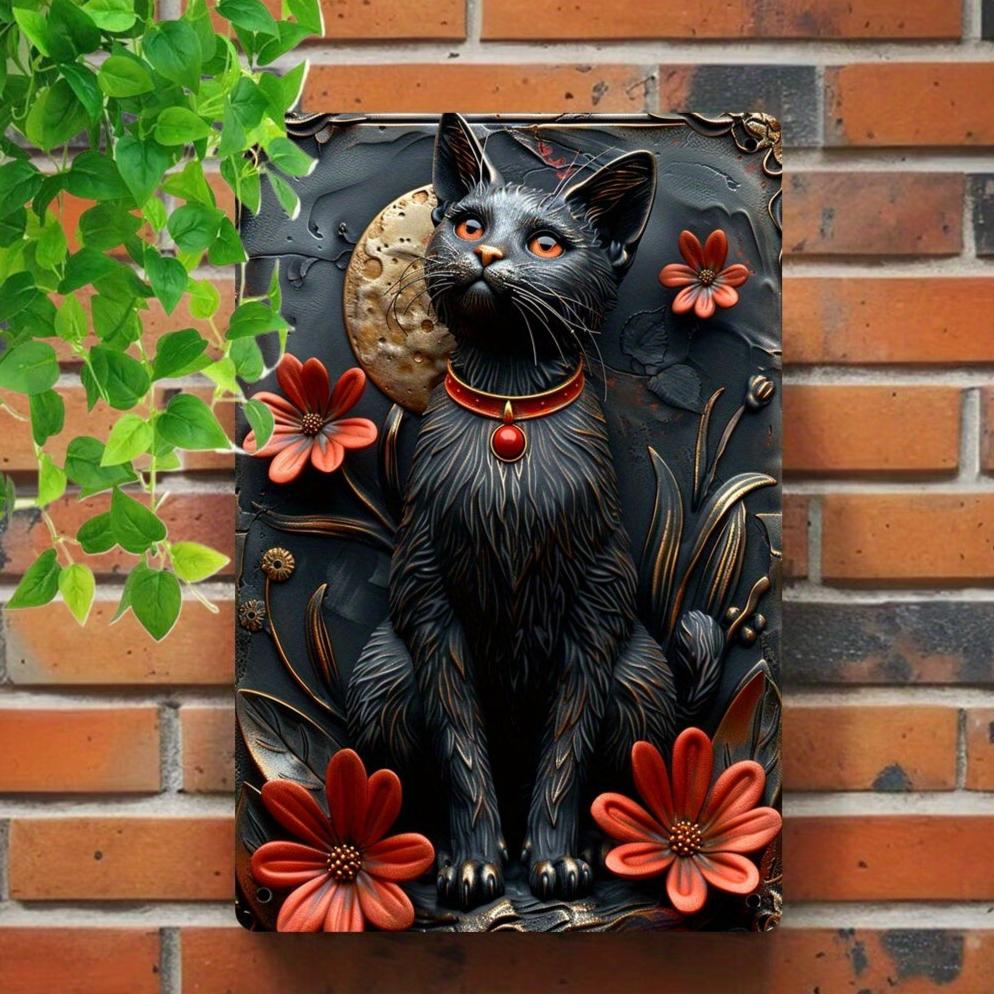 Charming Black Cat Metal Tin Sign Occult Cat Wall Art-MoonChildWorld