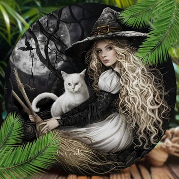 White Cat and Mystic Witch Metal Sign Halloween Decor-MoonChildWorld