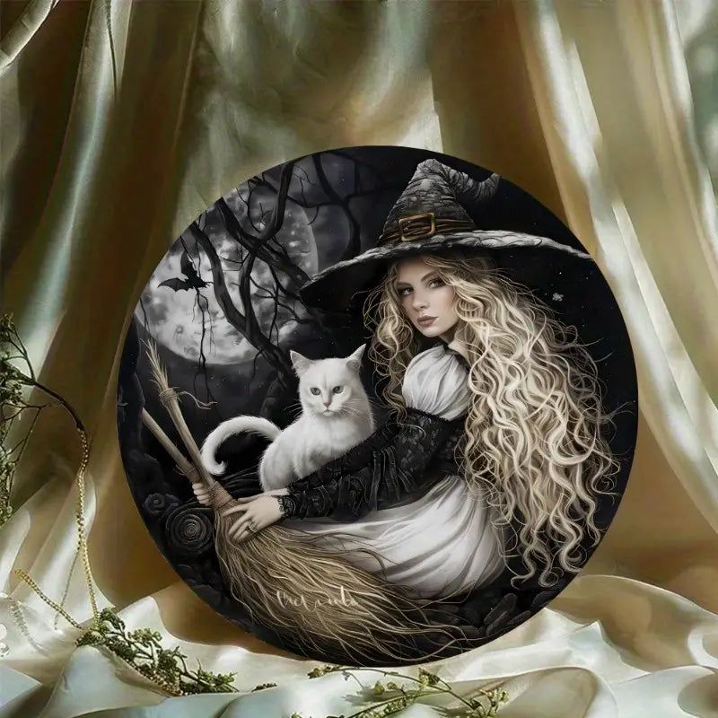 White Cat and Mystic Witch Metal Sign Halloween Decor-MoonChildWorld