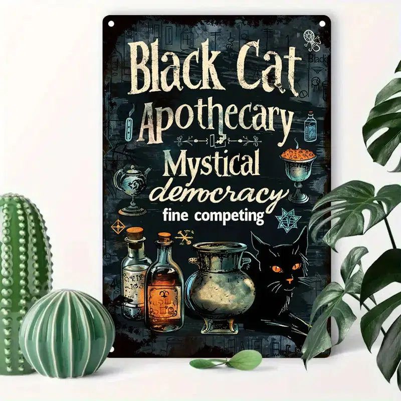 Black Cat Apothecary Witchy Metal Sign Halloween Home Decor-MoonChildWorld