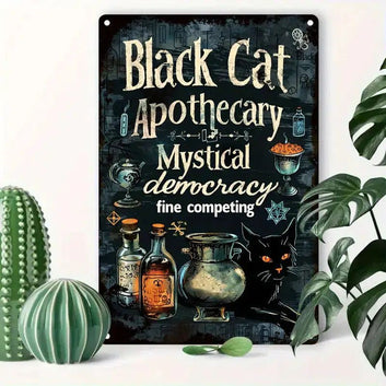 Black Cat Apothecary Witchy Metal Sign Halloween Home Decor