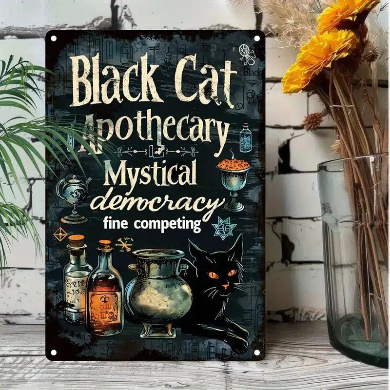 Black Cat Apothecary Witchy Metal Sign Halloween Home Decor-MoonChildWorld