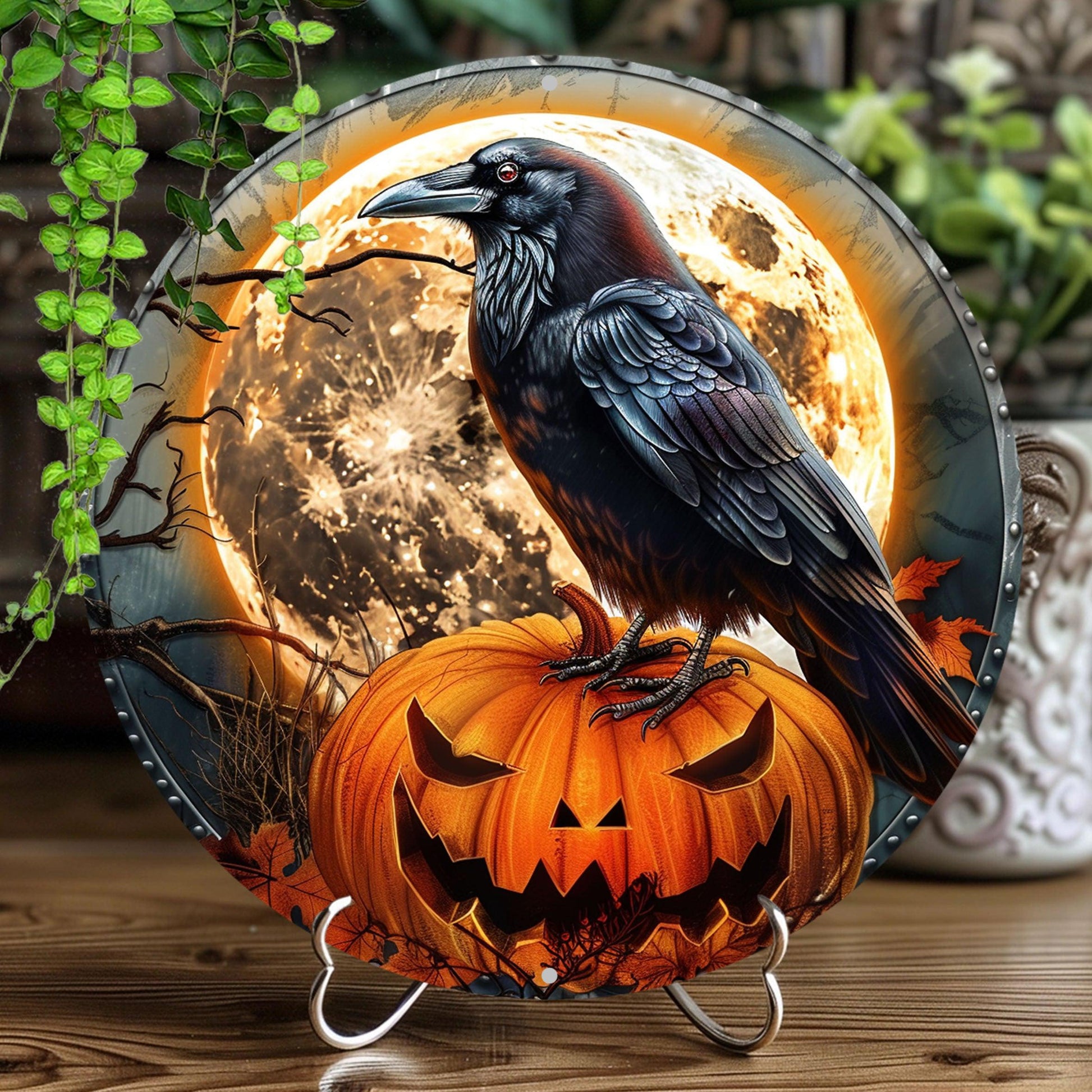 Raven and Pumpkin Halloween Metal Sign Dark Crow Home Decor-MoonChildWorld