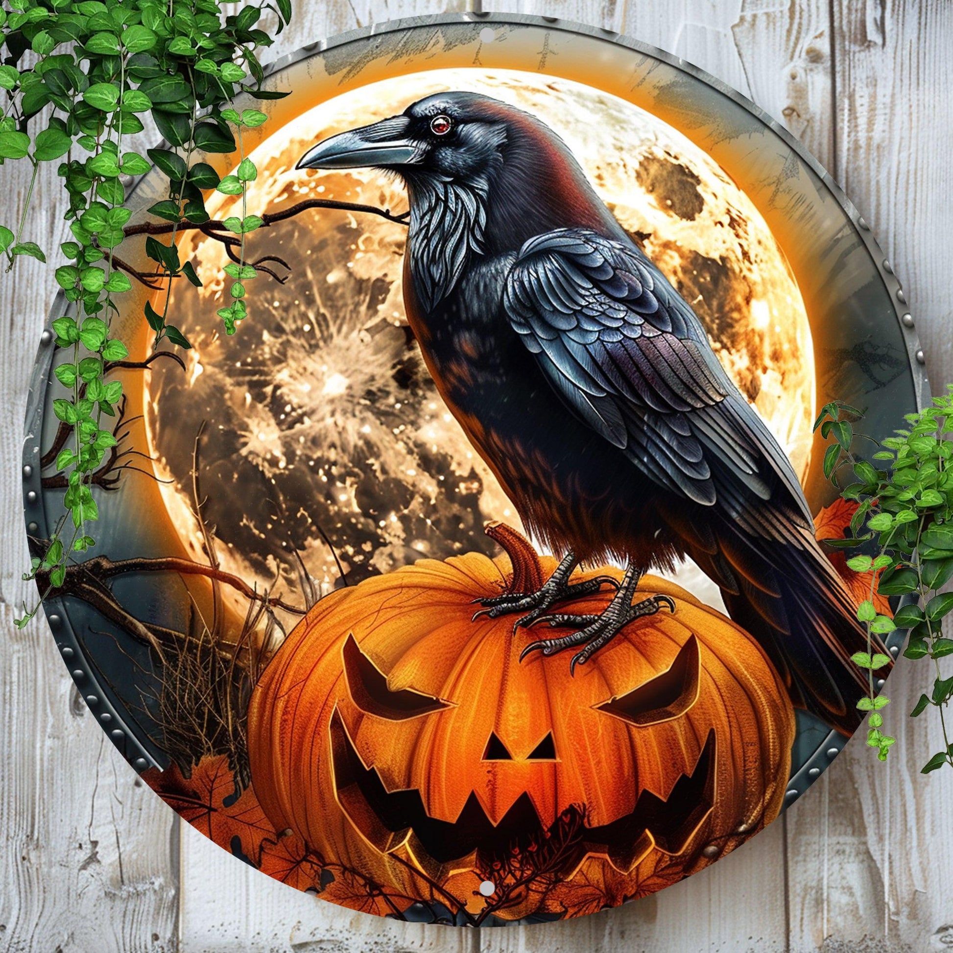 Raven and Pumpkin Halloween Metal Sign Dark Crow Home Decor-MoonChildWorld