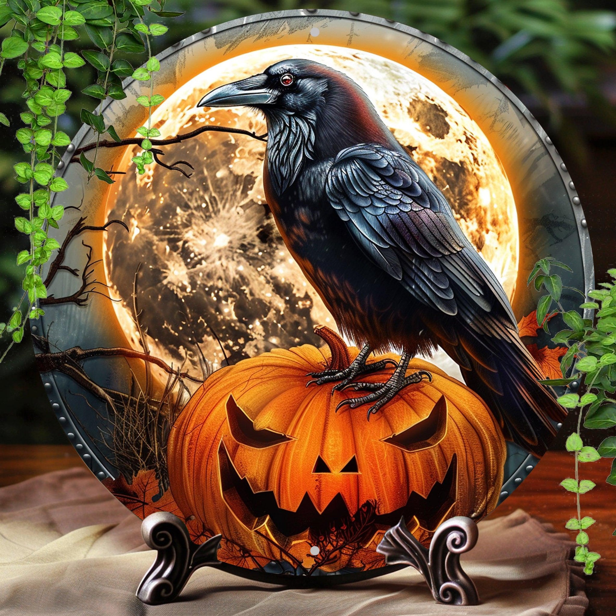 Raven and Pumpkin Halloween Metal Sign Dark Crow Home Decor-MoonChildWorld