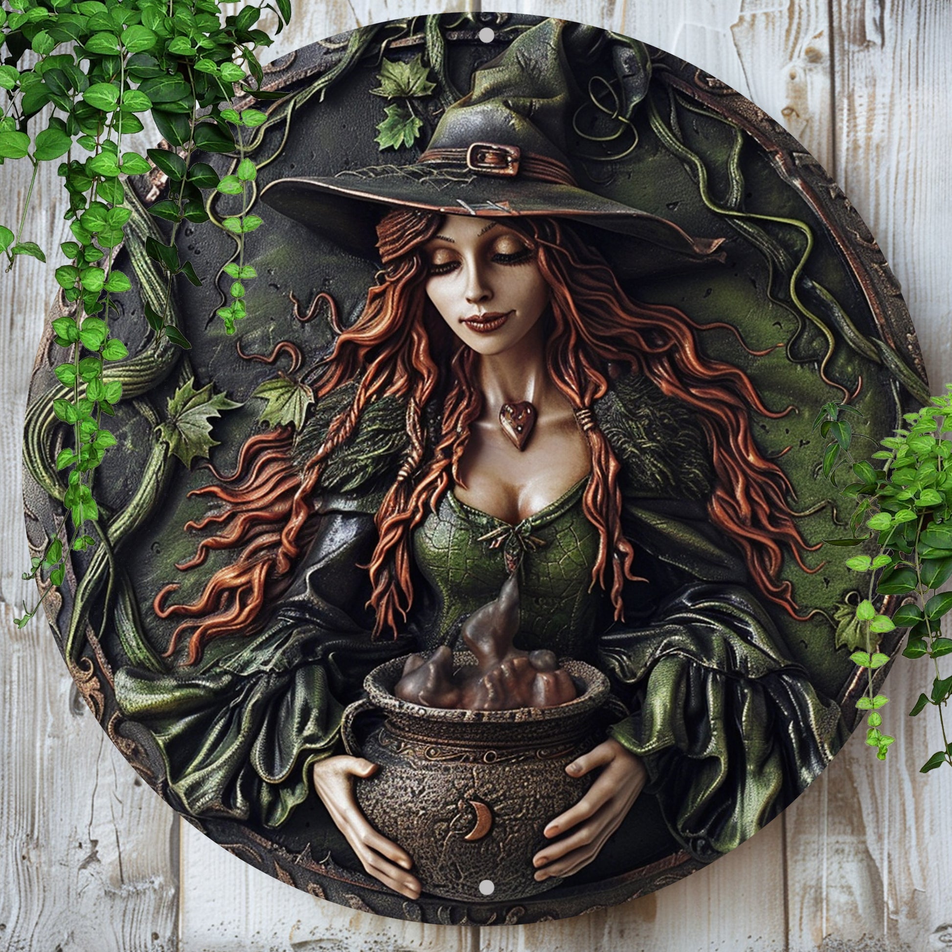 Witch Cauldron Wall Sign Green Witch Metal Sign Halloween Decor-MoonChildWorld