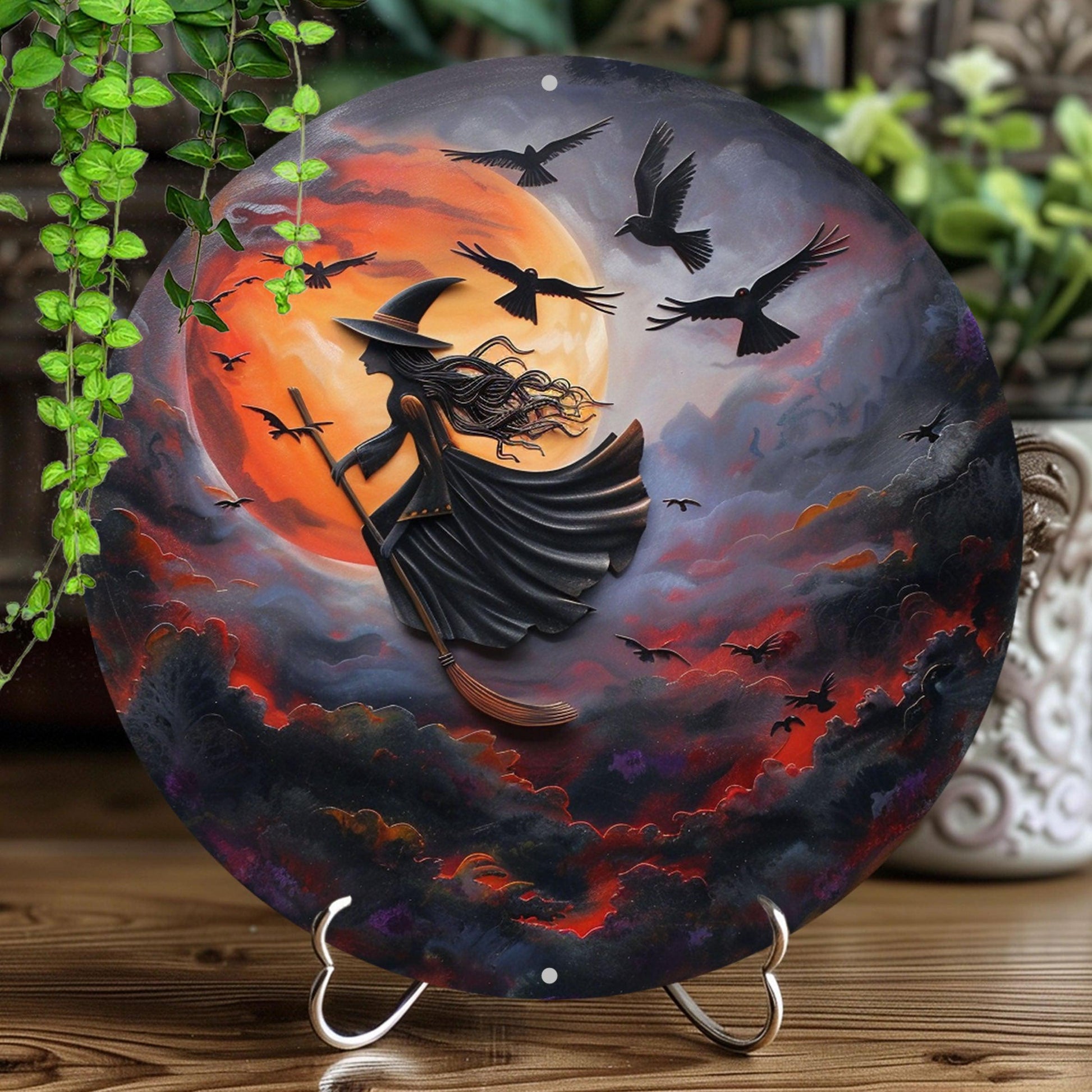 Flying Witch Metal Sign Gothic Wall Sign Halloween Decor-MoonChildWorld