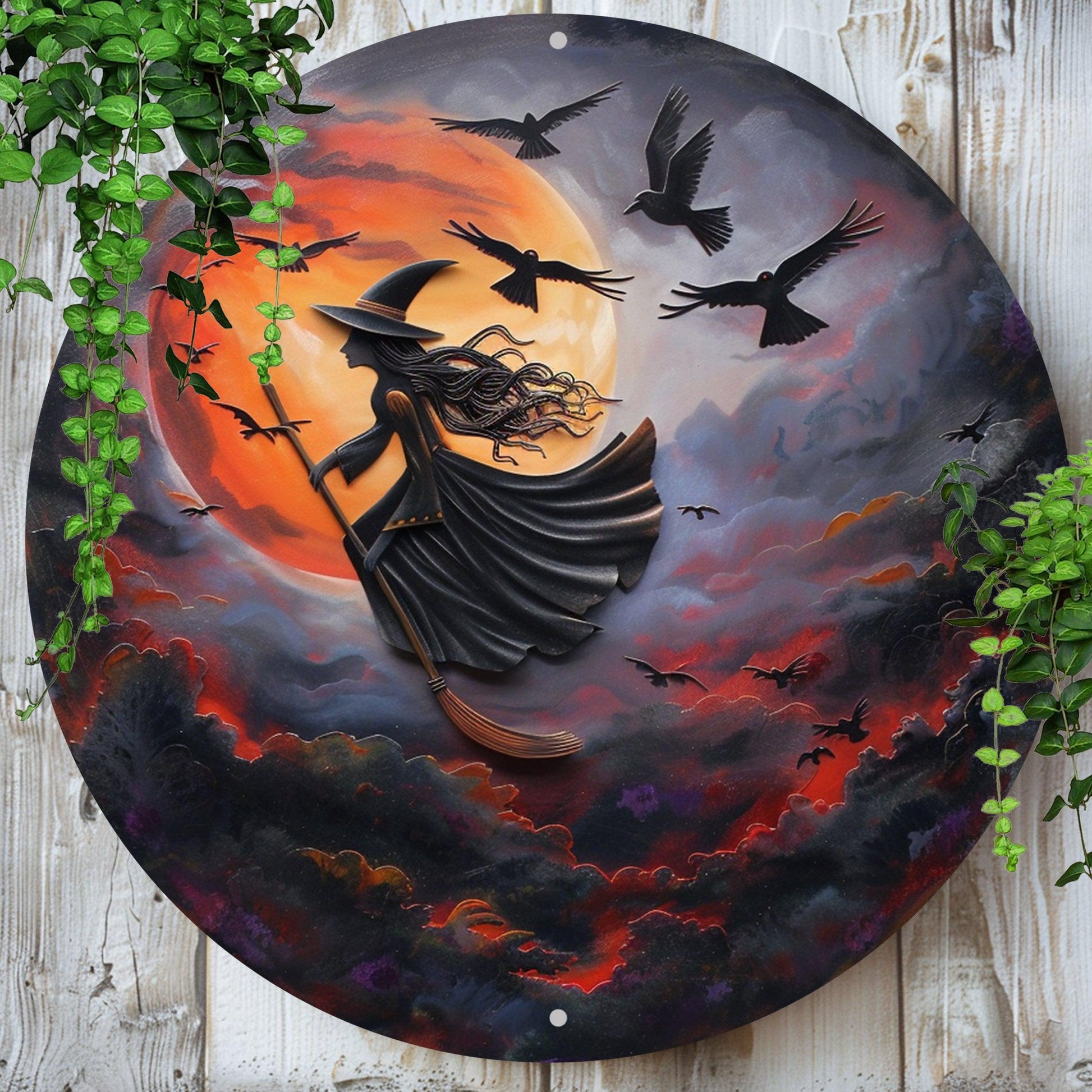 Flying Witch Metal Sign Gothic Wall Sign Halloween Decor-MoonChildWorld