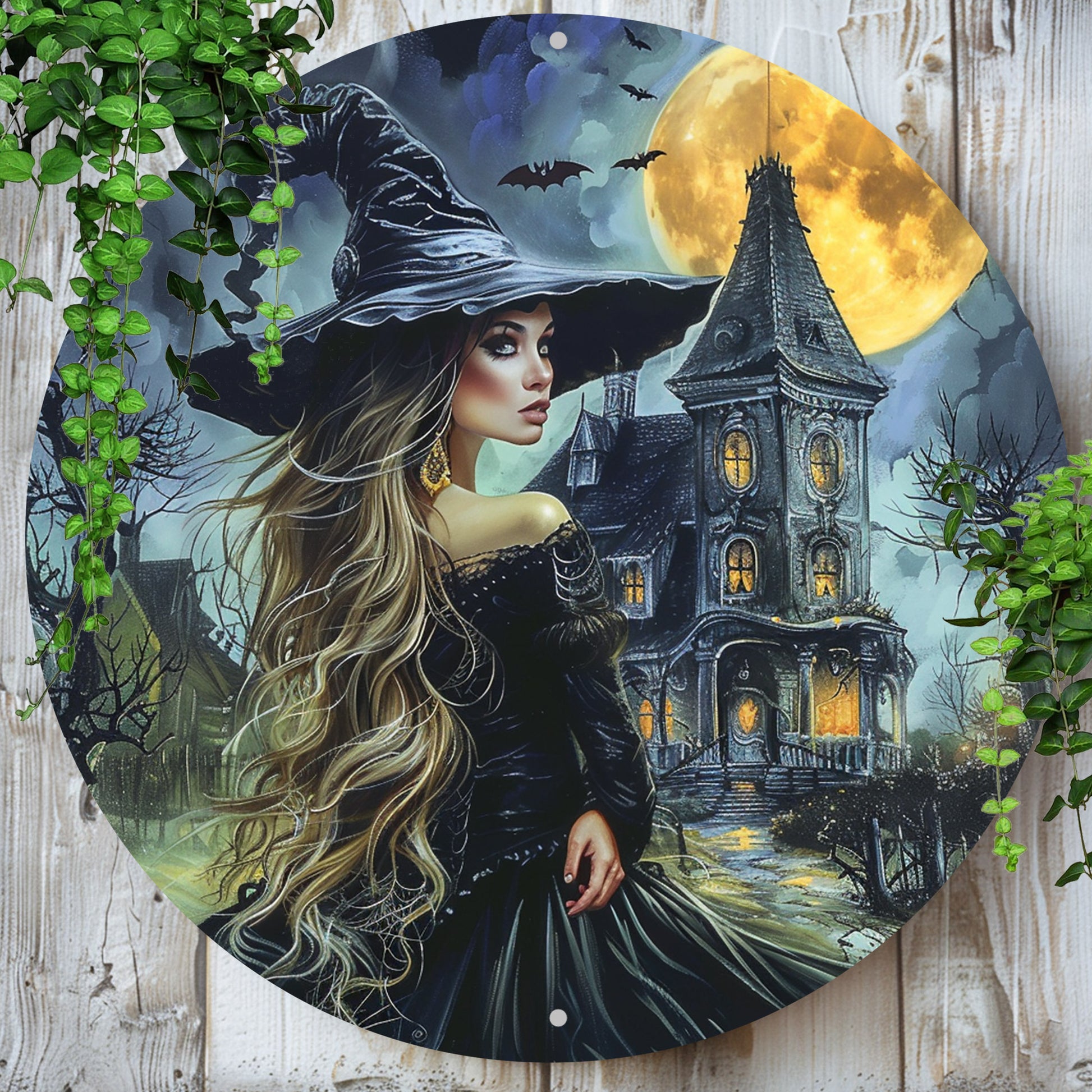 Castle and Witch Wall Art Gothic Witch Metal Sign Halloween Home Decor-MoonChildWorld