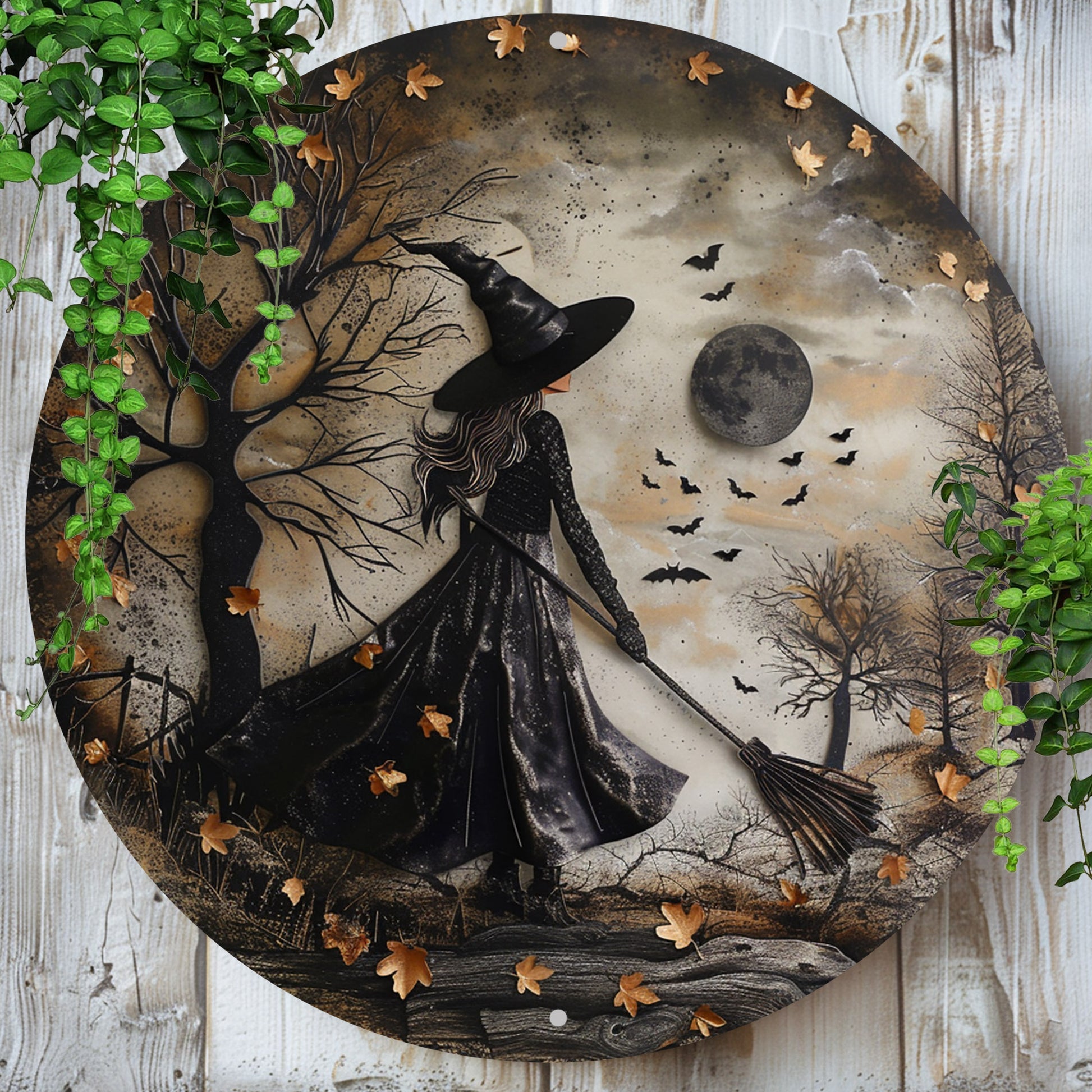 Dark Witch Silhouette Metal Sign Occult Wall Sign For Halloween-MoonChildWorld