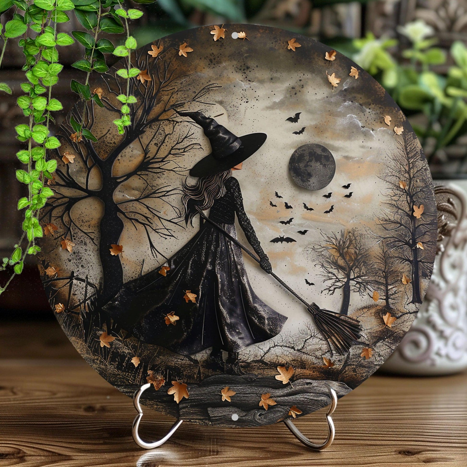 Dark Witch Silhouette Metal Sign Occult Wall Sign For Halloween-MoonChildWorld