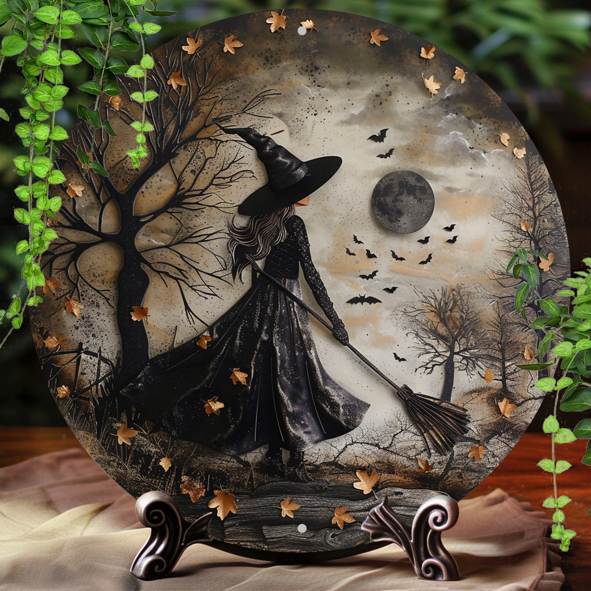 Dark Witch Silhouette Metal Sign Occult Wall Sign For Halloween-MoonChildWorld