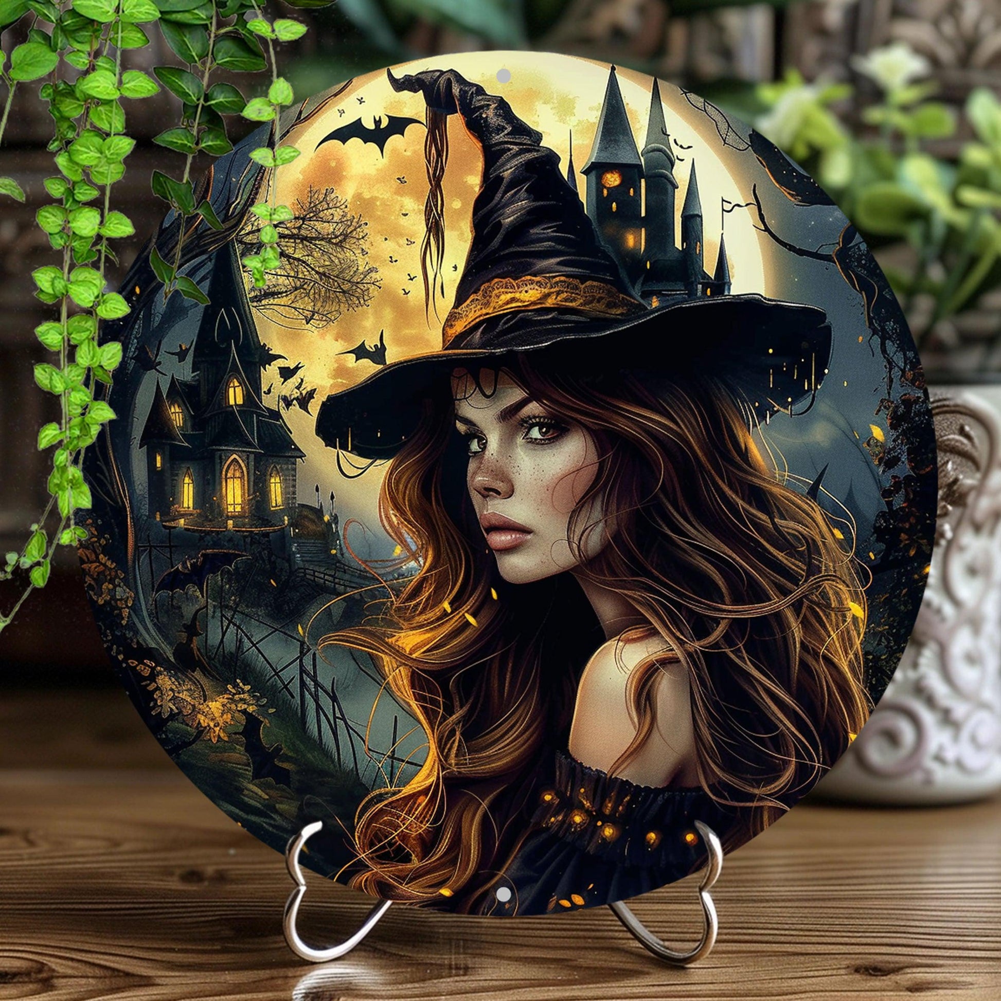 Moon Castle and Witch Metal Sign Gothic Wall Sign For Halloween-MoonChildWorld