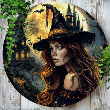 Moon Castle and Witch Metal Sign Gothic Wall Sign For Halloween