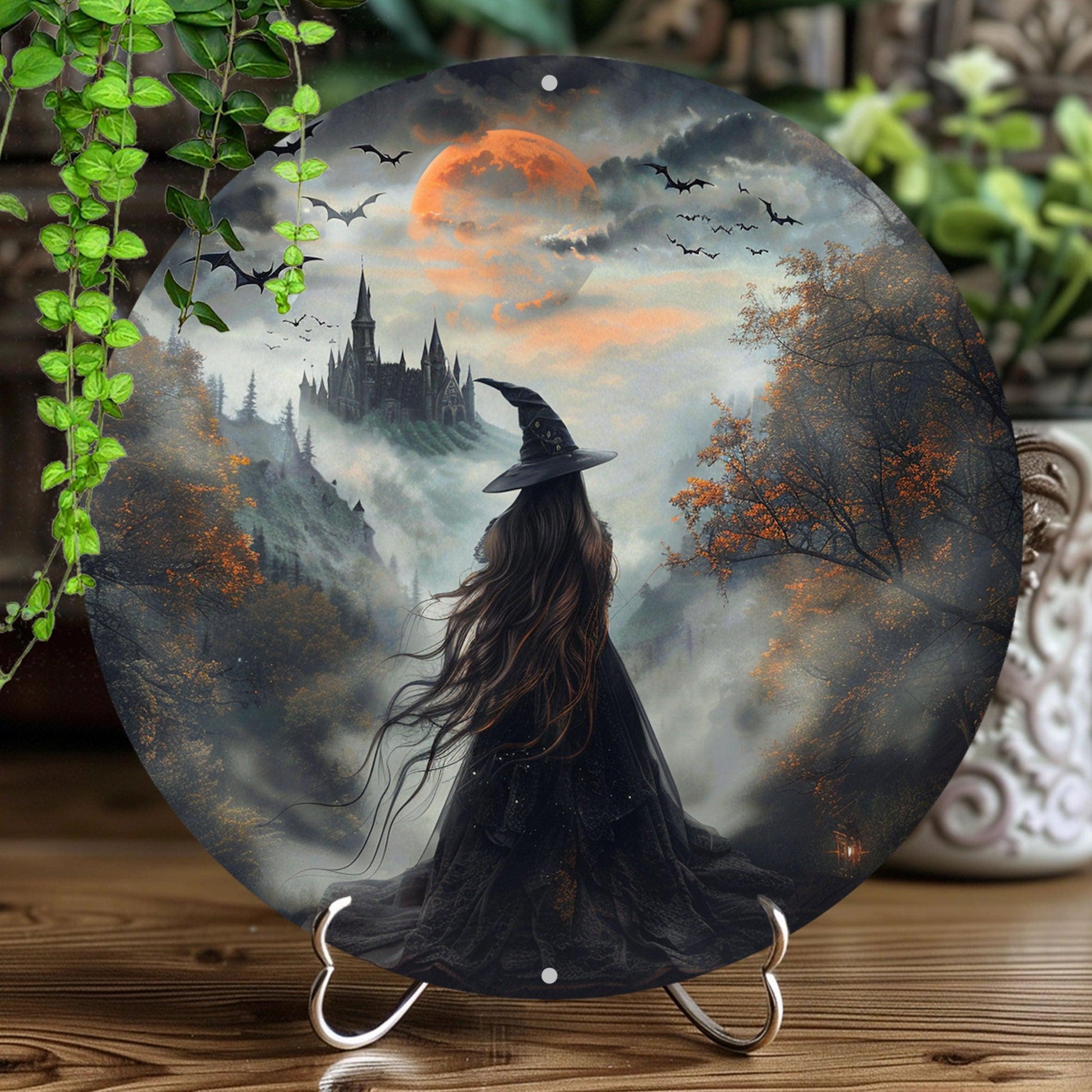 Witch Silhouette Metal Sign Occult Wall Sign For Halloween-MoonChildWorld