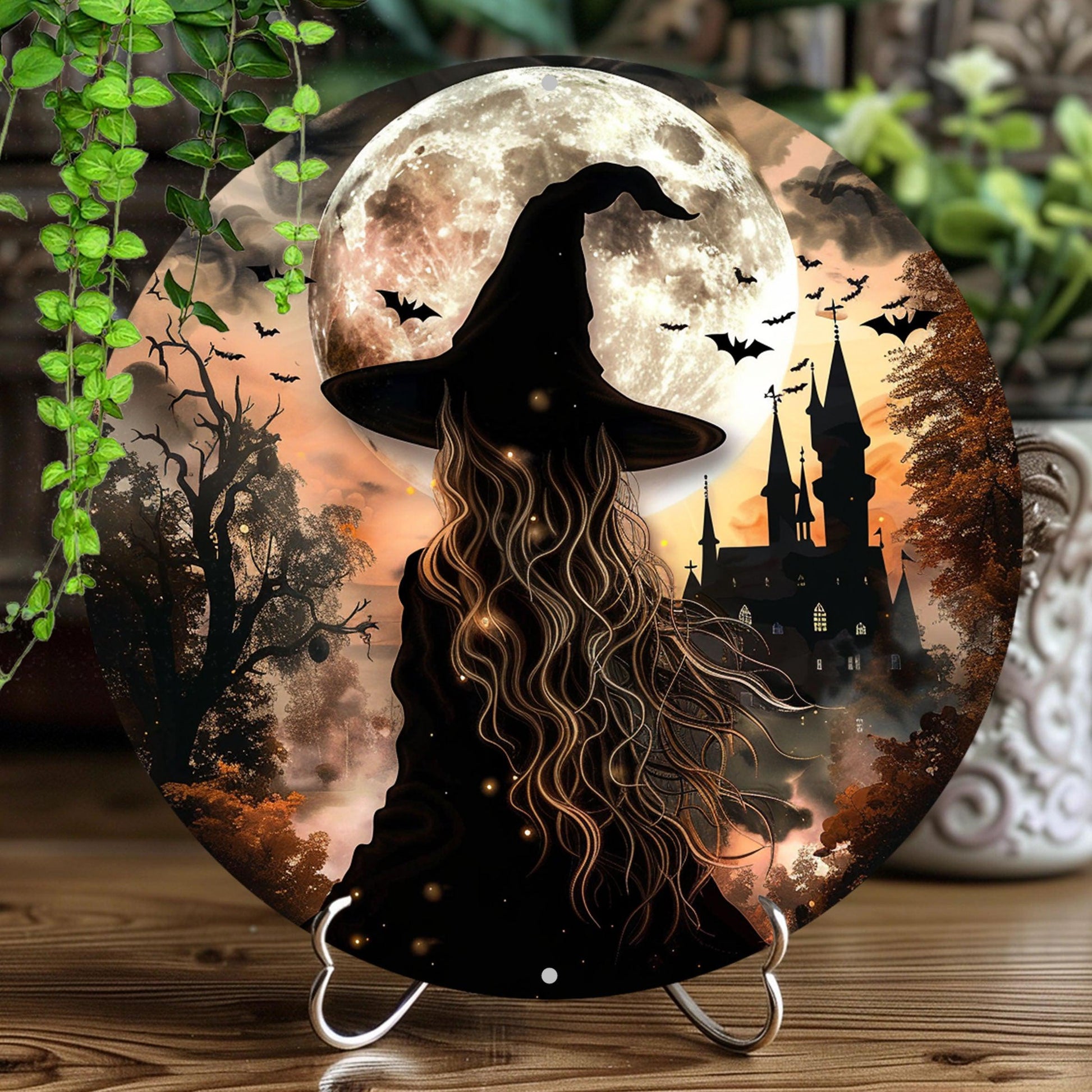 Moon Castle and Witch Metal Sign Gothic Wall Sign For Halloween-MoonChildWorld