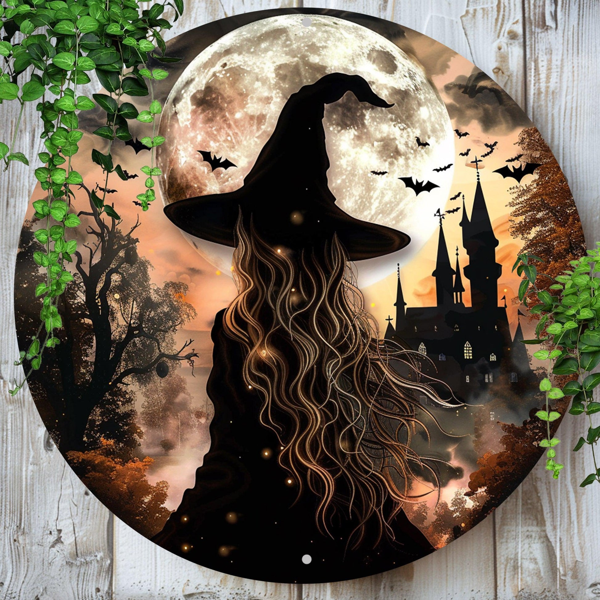 Moon Castle and Witch Metal Sign Gothic Wall Sign For Halloween-MoonChildWorld