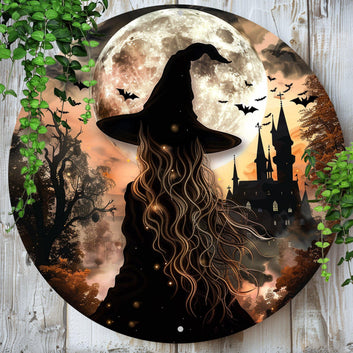 Moon Castle and Witch Metal Sign Gothic Wall Sign For Halloween