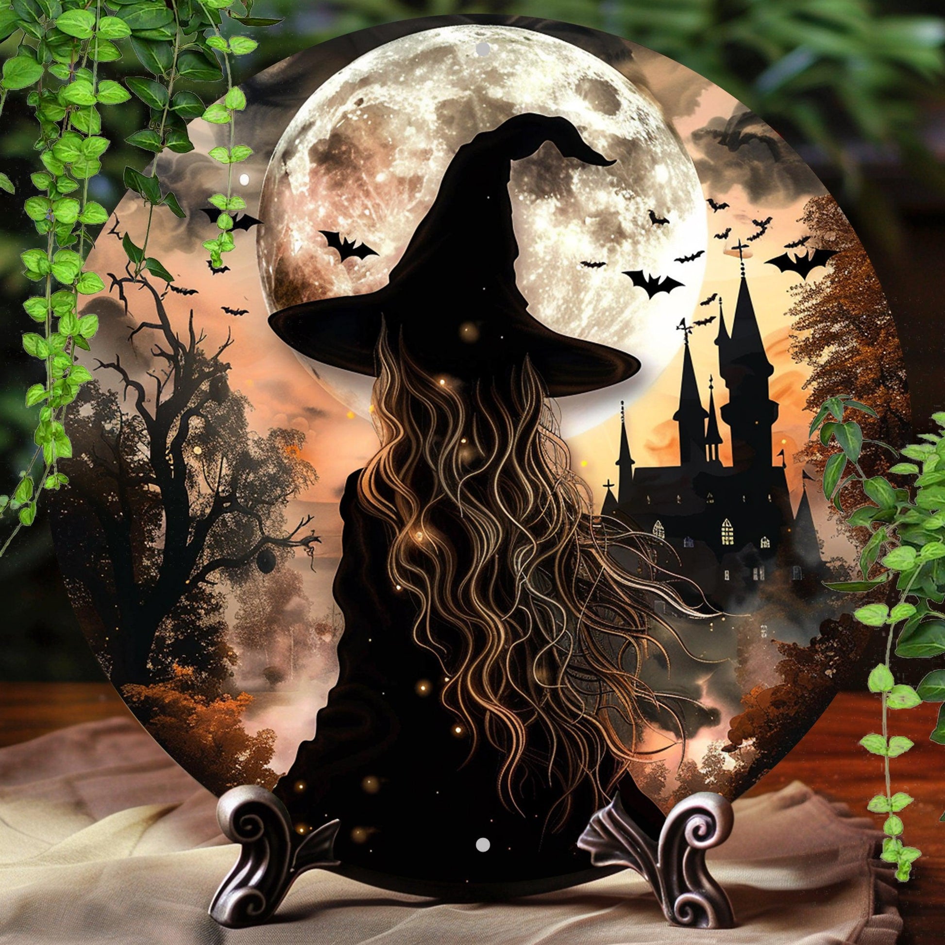 Moon Castle and Witch Metal Sign Gothic Wall Sign For Halloween-MoonChildWorld