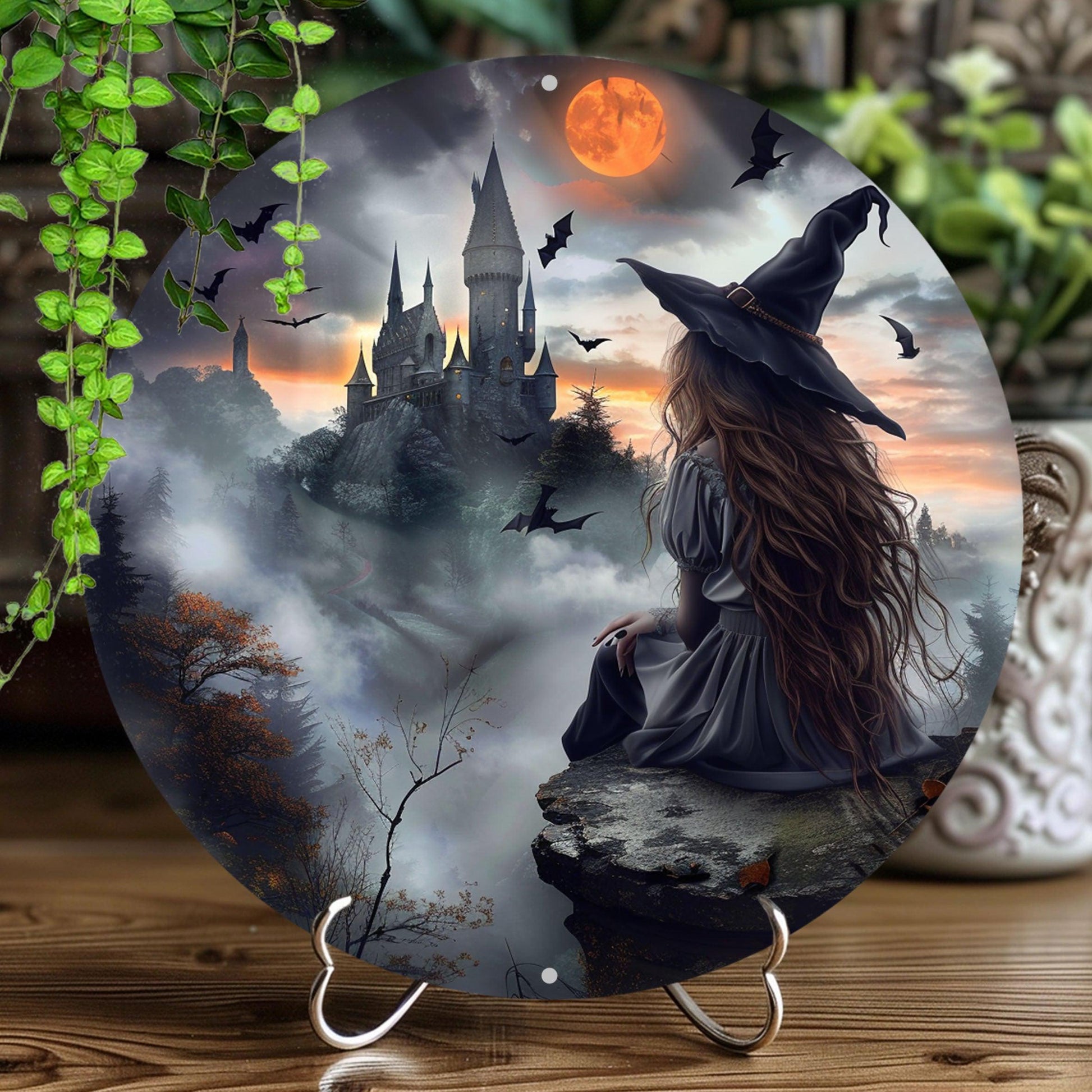 Witch Silhouette Metal Sign Occult Wall Sign For Halloween-MoonChildWorld